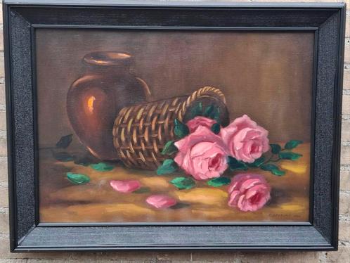DEZEURE.E,  Roses dans un panier en osier. 1943. 81/61cm., Antiek en Kunst, Kunst | Schilderijen | Klassiek, Ophalen