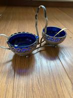 Vintage zilveren roomstelletje blauw glas, Antiek en Kunst, Ophalen of Verzenden