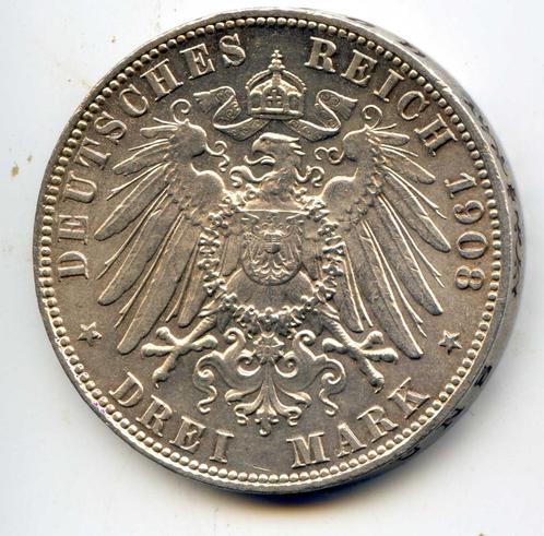 Duitsland Hamburg 3 Mark 1908 UNC-, Postzegels en Munten, Munten | Europa | Niet-Euromunten, Duitsland, Zilver, Ophalen of Verzenden