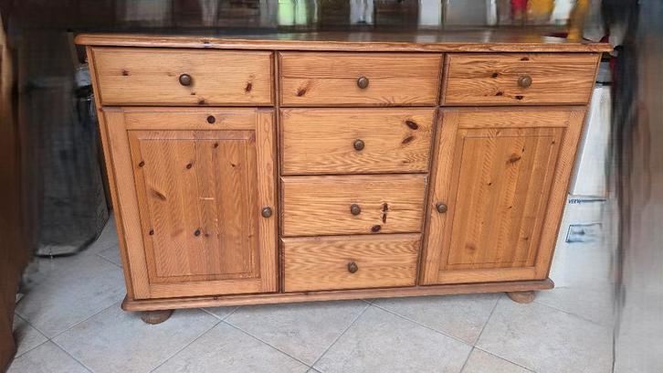 Grenen houten dressoir met deuren en laden, Huis en Inrichting, Kasten | Dressoirs, Gebruikt, 100 tot 150 cm, 25 tot 50 cm, Met lade(s)