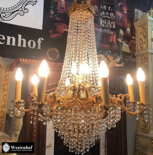 Groot brocante kristallen kroonluchter / zakkroonluchter, Huis en Inrichting, Lampen | Kroonluchters, Gebruikt, Overige materialen