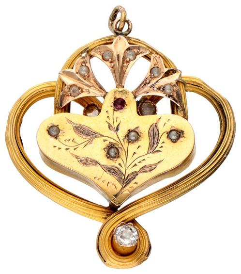 Art Nouveau 18K goud bicolour hanger met diamant gemerkt 750, Sieraden, Tassen en Uiterlijk, Antieke sieraden, Hanger, Goud, Met edelsteen