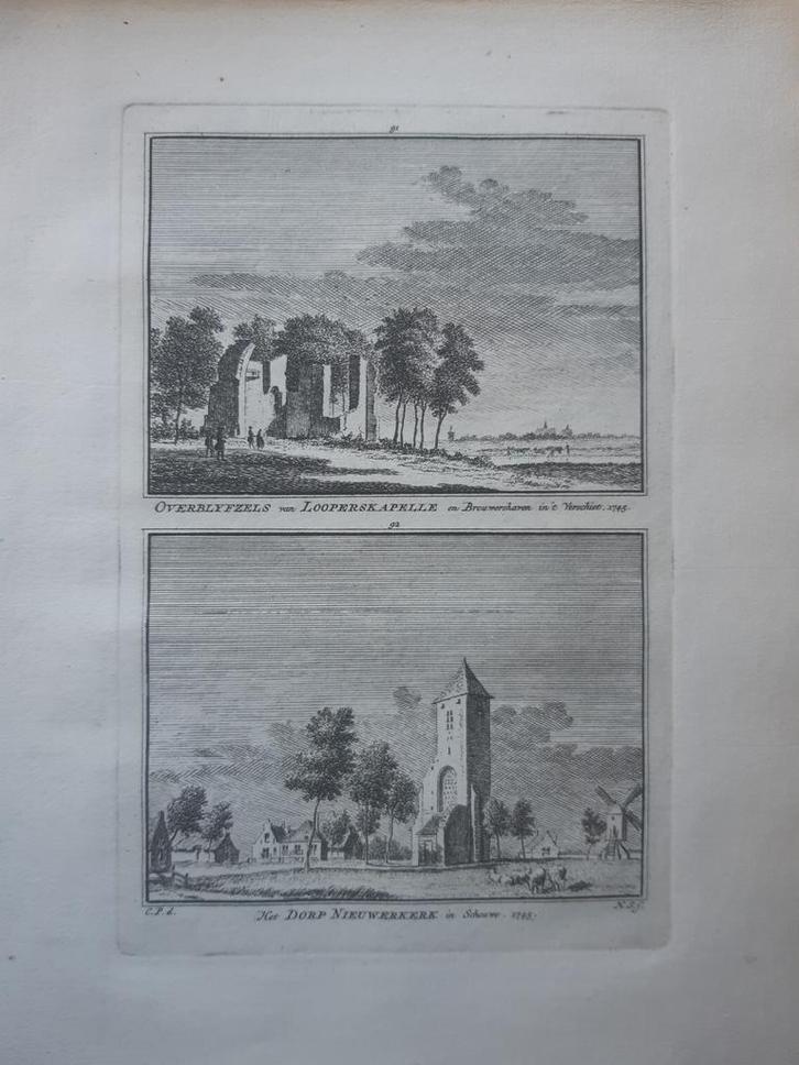 91-92*/ Looperskapelle Brouwershaven en Nieuwerkerk, Antiek en Kunst, Kunst | Etsen en Gravures, Ophalen of Verzenden