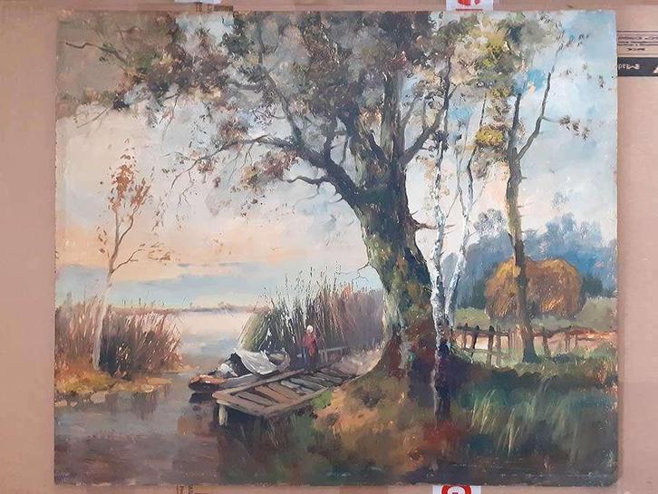 Antiek schilderij landschap 48 x 57 cm Haagse School styl b0, Antiek en Kunst, Kunst | Schilderijen | Klassiek, Ophalen of Verzenden