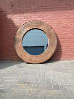 Grote ronde antieke spiegel met teakhouten frame., Ophalen of Verzenden