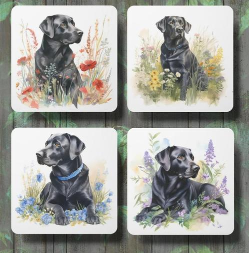 Zwarte Labrador Aquarel onderzetters met houder, Huis en Inrichting, Woonaccessoires | Onderzetters, Nieuw, Glas of Kopje, Ophalen of Verzenden