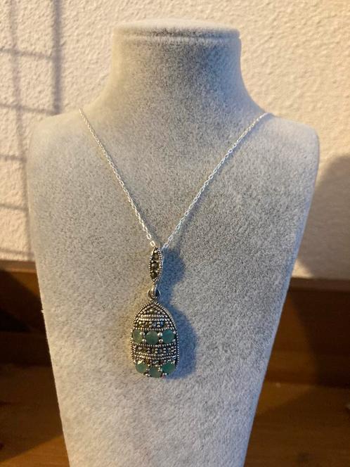 Prachtige zilveren antieke smaragd ketting, Sieraden, Tassen en Uiterlijk, Kettingen, Nieuw, Zilver, Zilver, Met edelsteen, Ophalen