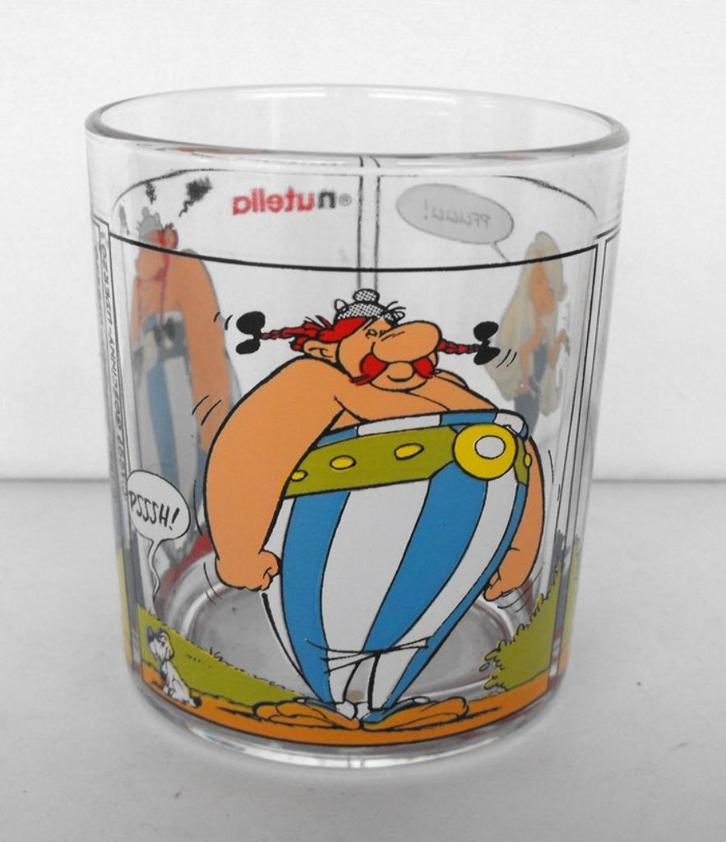 Asterix en Obelix met Falbala en Idefix Glas Nutella 1997, Verzamelen, Stripfiguren, Zo goed als nieuw, Beeldje of Figuurtje, Asterix en Obelix