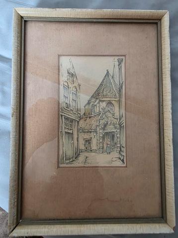 Oude Tekening Stadsgezicht beschikbaar voor biedingen