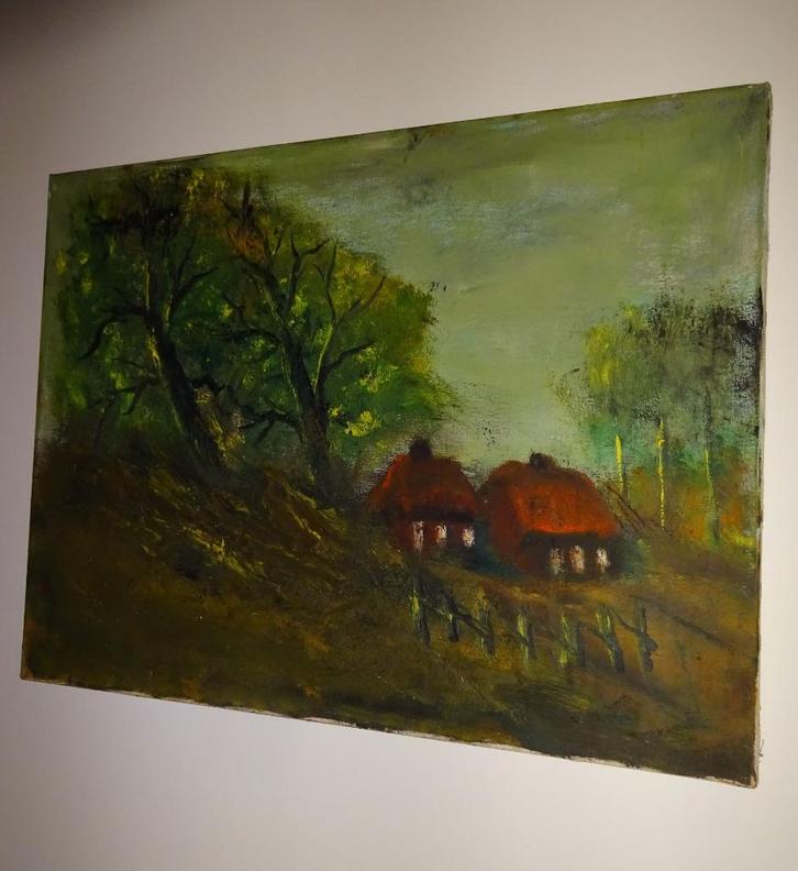 Schilderijtje Met 2 huisjes in het bos. Expressionistisch na, Antiek en Kunst, Kunst | Schilderijen | Klassiek, Ophalen of Verzenden