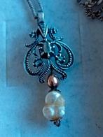 Antieke zilveren met gouden hanger met diamant en parel, Ophalen of Verzenden, Goud, Ketting, Met edelsteen