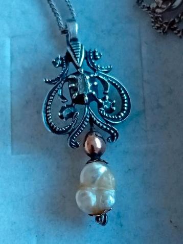 Antieke zilveren met gouden hanger met diamant en parel  beschikbaar voor biedingen