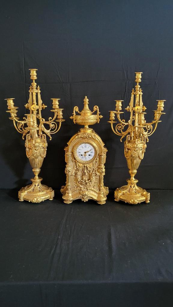 (16) Franse Bronzen Empire stijl Klok met kandelaren 1870, Antiek en Kunst, Antiek | Klokken, Ophalen of Verzenden