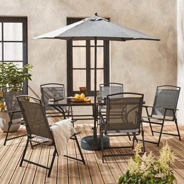 Tuinset - tuintafel met 6x stoelen en parasols - nieuw beschikbaar voor biedingen
