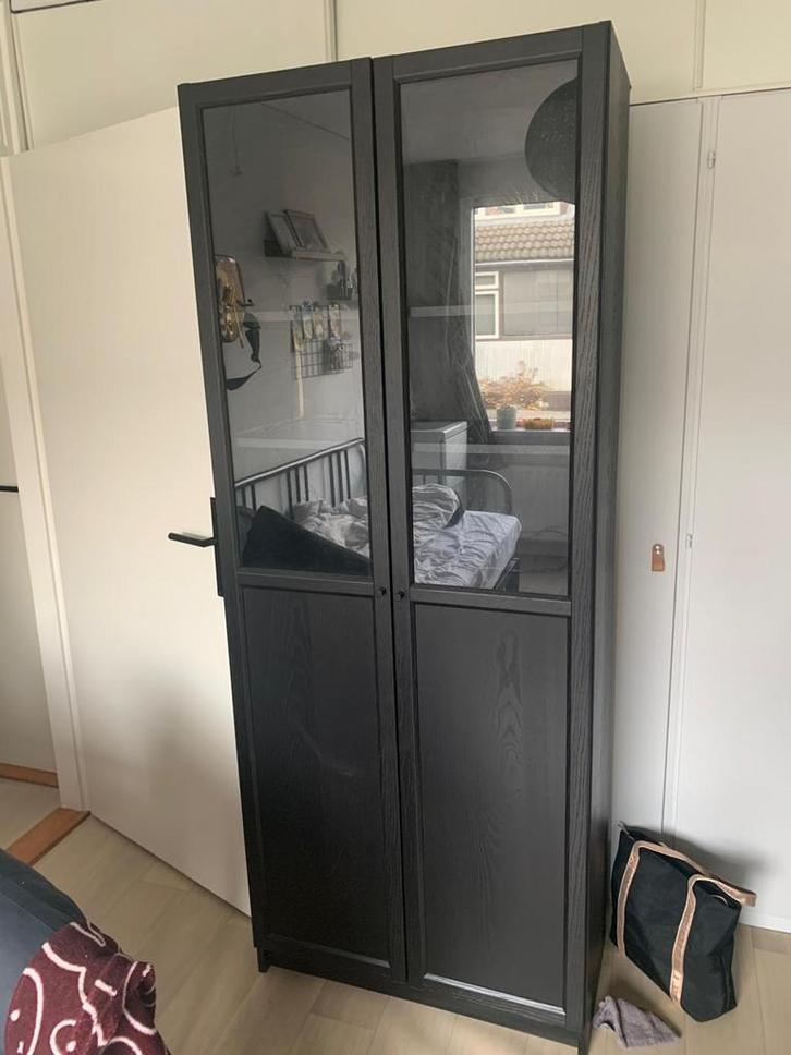 IKEA Billy Vitrinekast - Zwart, Huis en Inrichting, Kasten | Kledingkasten, Gebruikt, 200 cm of meer, 50 tot 100 cm, 25 tot 50 cm