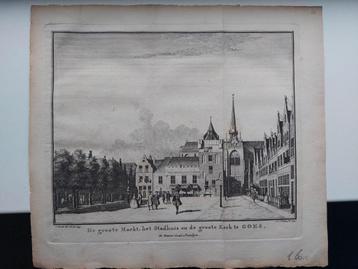 16 Groote Markt Stadhuis en Groote Kerk Goed. Gravure 1745 beschikbaar voor biedingen