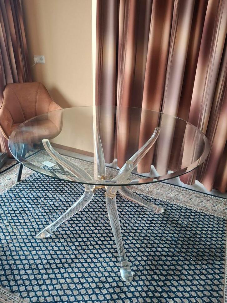 Unieke Glazen Eettafel met Bijzonder Onderstel, Antiek en Kunst, Antiek | Meubels | Tafels, Ophalen of Verzenden