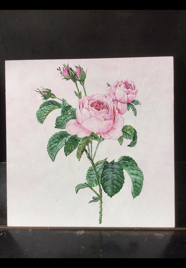 Een écht rozenschilderij. Mooie tak rpze roos met groen blad, Ophalen of Verzenden