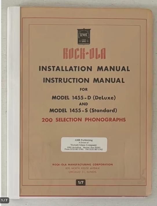 Rock-Ola 1455-D And 1455-S Jukebox Installation Manual, Ophalen of Verzenden, Gebruikt, 1970 tot heden, Rock Ola