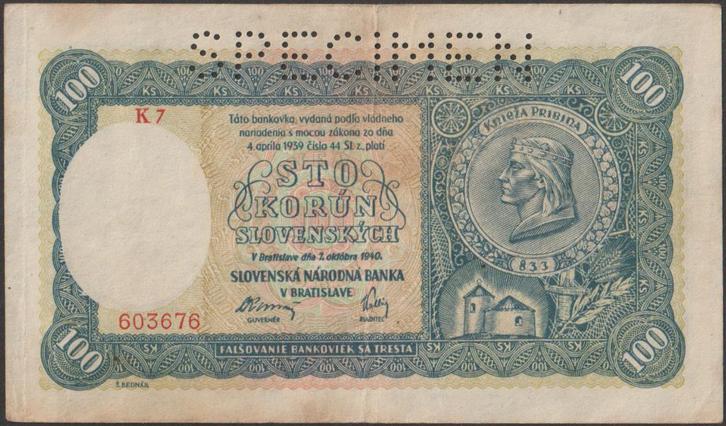 Slowakije 100 korun 1940 Specimen gebruikt p.11a (nr 100), Postzegels en Munten, Bankbiljetten | Europa | Niet-Eurobiljetten, Los biljet