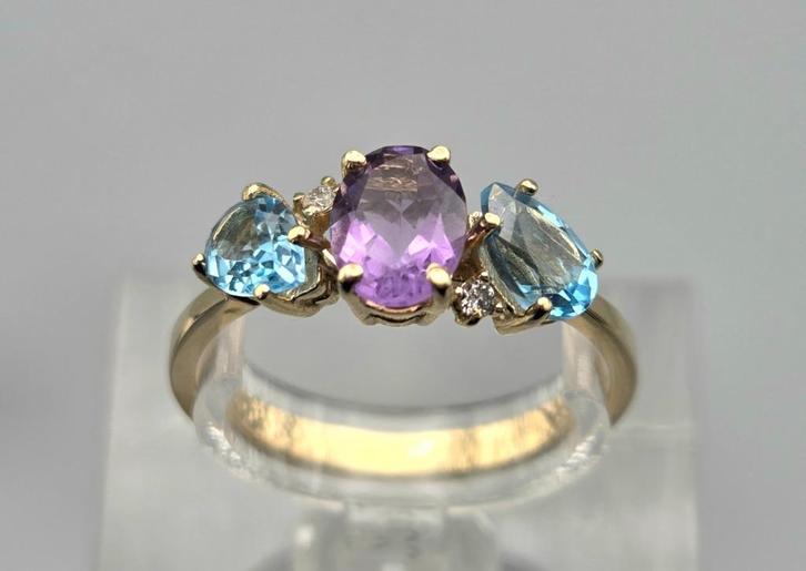Vintage ring edelsteen topaas, amethist en diamant. 2025/480, Sieraden, Tassen en Uiterlijk, Ringen, Zo goed als nieuw, Dame, 17 tot 18