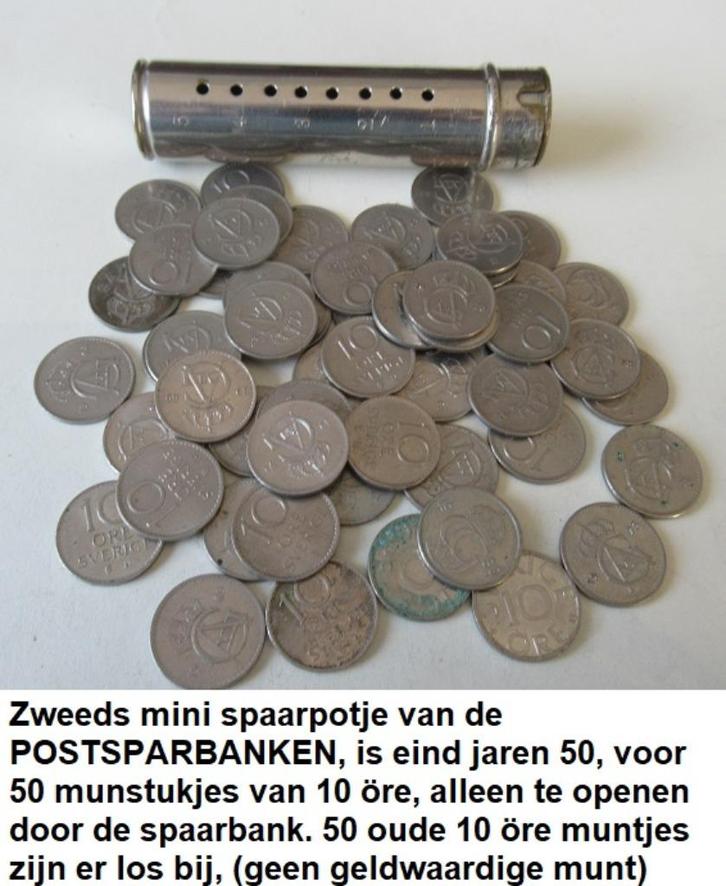 unieke Zweedse spaarpot / pijp, compleet met 50 muntjes, Verzamelen, Spaarpotten, Zo goed als nieuw, Overige thema's, Metaal of Blik