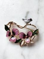 Vintage stijl emaille broche viooltjes met vogeltje, Sieraden, Tassen en Uiterlijk, Broches, Verzenden, Nieuw, Overige materialen
