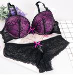 Zwart paarse BH en slip (sexy lingerie setje kanten cup A B), Setje, Verzenden