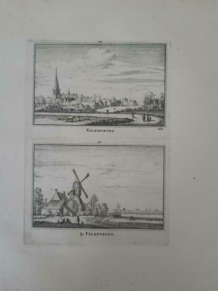 105-106/ Valkenburg en Molen Kopergravure 18e Eeuw, Antiek en Kunst, Kunst | Etsen en Gravures, Ophalen of Verzenden