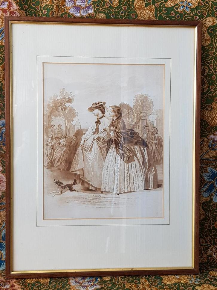 Mooie antieke ingelijste prent uit Engeland met twee vrouwen, Antiek en Kunst, Kunst | Litho's en Zeefdrukken, Ophalen of Verzenden