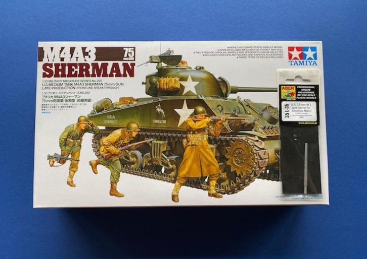 Tamiya	35250	US Sherman Tank M4A3 1/35 incl Aber loop, Hobby en Vrije tijd, Modelbouw | Auto's en Voertuigen, Nieuw, 1:32 tot 1:50