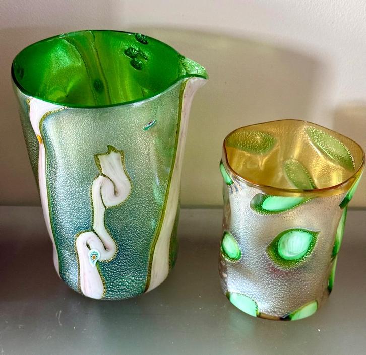 Murano Nachtset Groen & Geel (12) met Certificaat Diego Vio , Antiek en Kunst, Antiek | Glas en Kristal, Ophalen