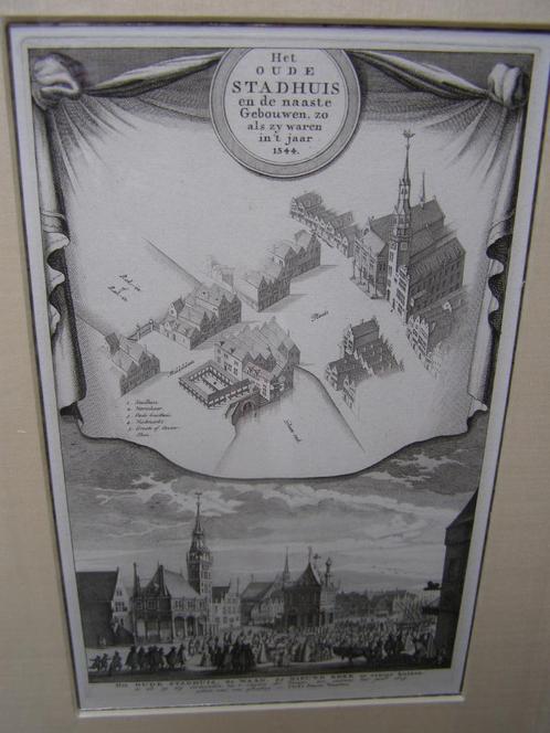 gravure 1765, Oude stadhuis Amsterdam 2 gravures op 1 plaat, Antiek en Kunst, Kunst | Etsen en Gravures, Ophalen of Verzenden