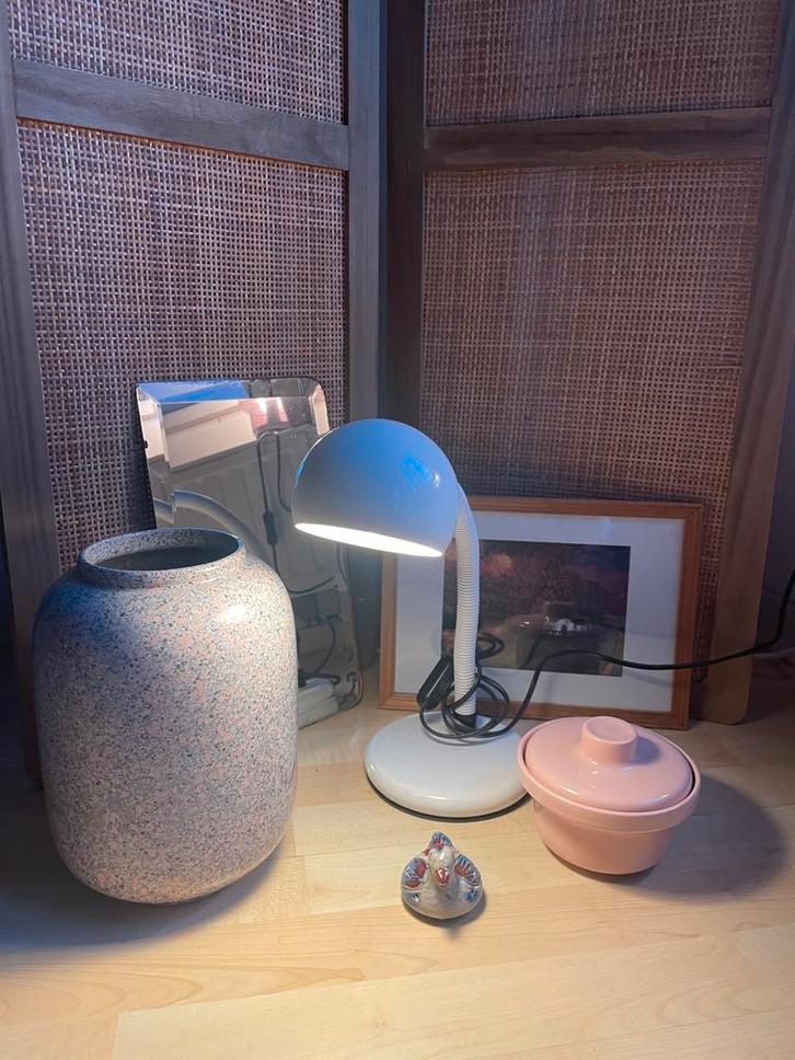 Setje vintage items, space age lamp, vaas, antieke spiegel, Huis en Inrichting, Lampen | Tafellampen, Gebruikt, Minder dan 50 cm