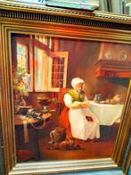 Antiek olieverf schilderij vrouw bij raam  met poes, Antiek en Kunst, Ophalen