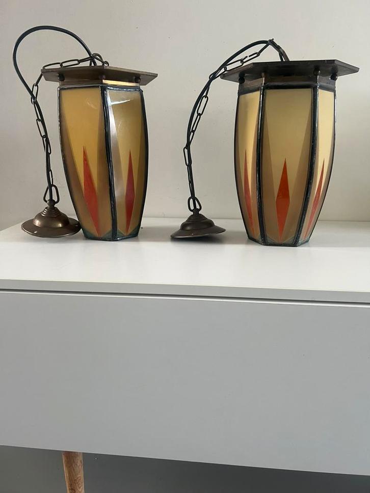 Set Nieuwe Honsel Amsterdamse School lampen gebrandschilderd, Antiek en Kunst, Antiek | Lampen, Ophalen