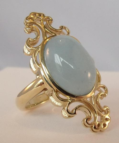 Nieuwe gouden ring met Aquamarijn, 4.5 ct., 14x10 mm., Sieraden, Tassen en Uiterlijk, Ringen, Nieuw, Dame, 17 tot 18, Blauw, Goud