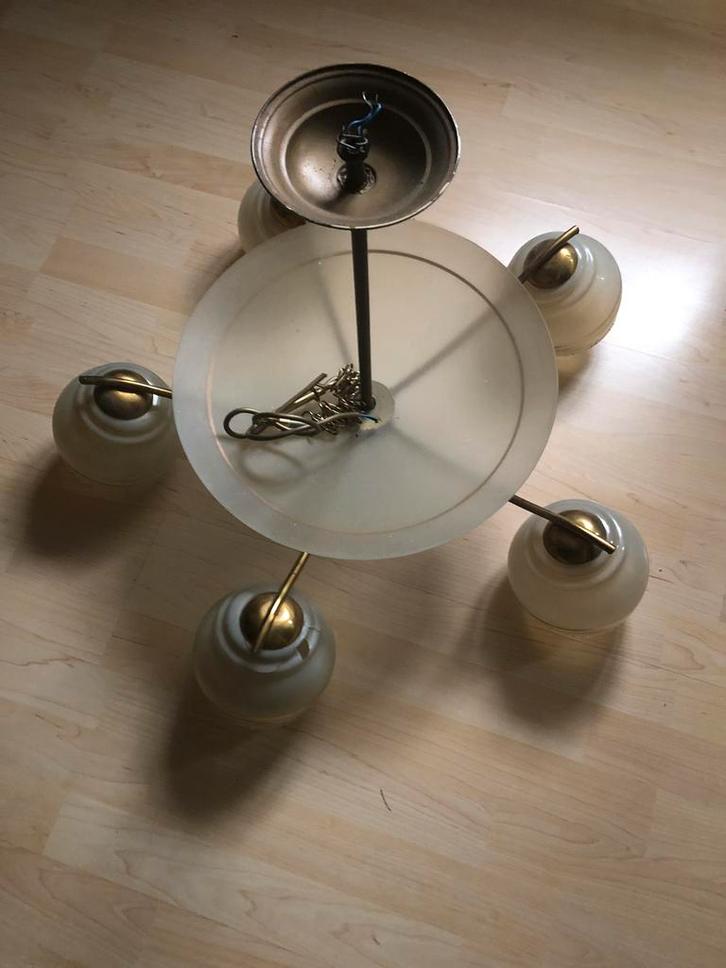 Antieke 5-armige hanglamp met glazen kelken, Antiek en Kunst, Antiek | Lampen, Ophalen