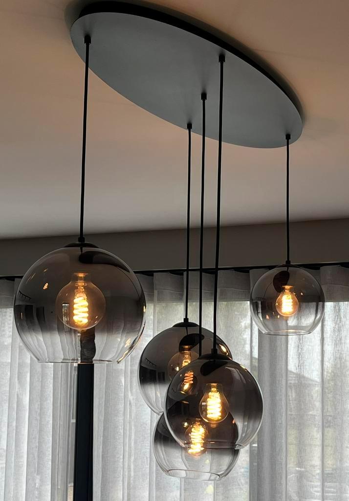 5 lichts hanglamp semi smoke glas als nieuw, Huis en Inrichting, Lampen | Hanglampen, Zo goed als nieuw, 75 cm of meer, Glas, Ophalen