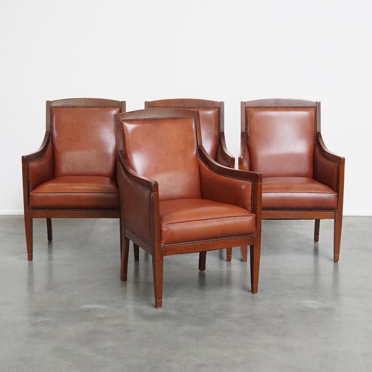 4x Luxe cognac kleurige rundleren Art Deco design fauteuil, Huis en Inrichting, Fauteuils, Gebruikt, Hout, Leer, 50 tot 75 cm