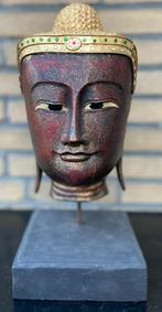 Hout boeddha hoofd beeld op sokkel 42 cm hoog uit Thailand, Ophalen of Verzenden