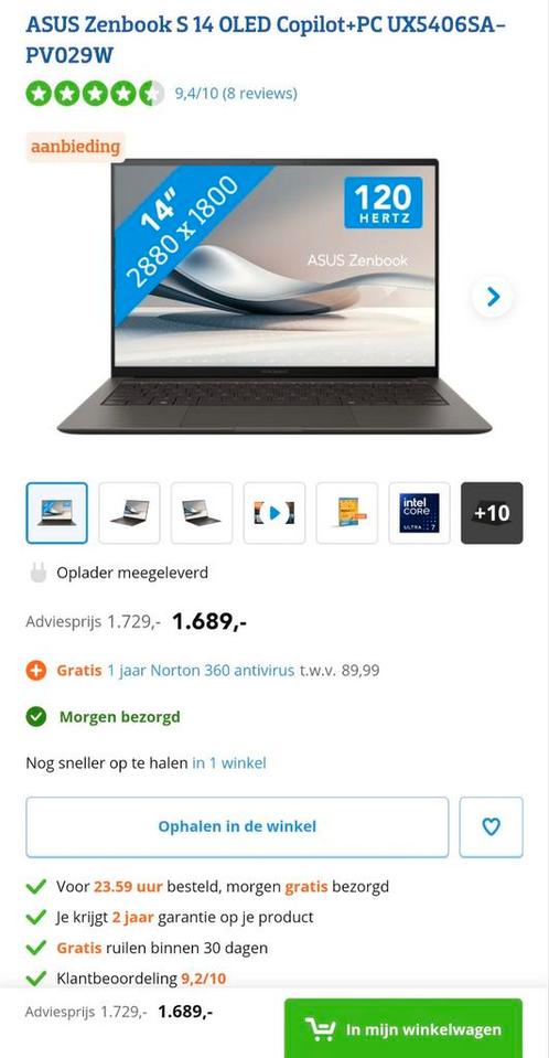 ASUS Zenbook S14 UX5406, Computers en Software, Windows Laptops, Nieuw, 14 inch, SSD, 4 Ghz of meer, 32 GB, Qwerty, Ophalen of Verzenden