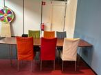 Tafels + 6 gekleurde leren stoelen, Huis en Inrichting, Tafels | Eettafels, 200 cm of meer, 50 tot 100 cm, Gebruikt, Rechthoekig