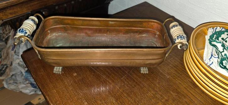 Antieke Koperen Bak met Porseleinen Handvatten, Antiek en Kunst, Antiek | Koper en Brons, Ophalen of Verzenden