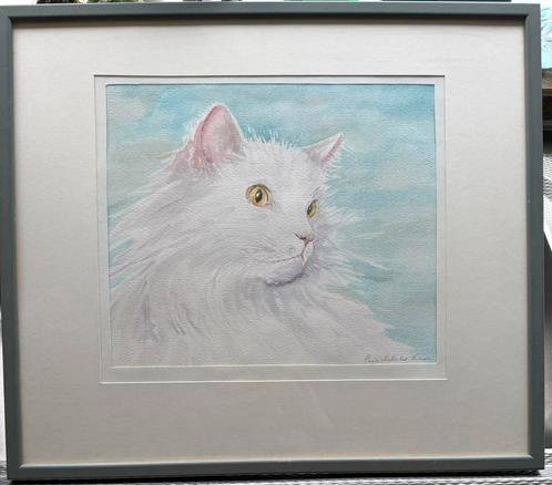 Aquarel witte kat, Antiek en Kunst, Kunst | Schilderijen | Klassiek, Ophalen of Verzenden