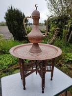 Antieke koffie thee tafel met grote koperen blad en kan, Antiek en Kunst, Ophalen of Verzenden