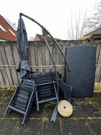 Complete Tuinset: Parasol, 6 Stoelen, Tafel en 2 stenen, Ophalen of Verzenden