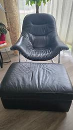 Zwart Lederen fauteuil (Label by Gerhard van den Berg)+poef, Huis en Inrichting, Ophalen, Gebruikt, 75 tot 100 cm, Leer