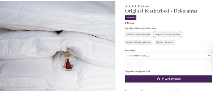 Douxe “Original Featherbed” topdekmatras incl. beschermhoes, Huis en Inrichting, Slaapkamer | Matrassen en Bedbodems, Zo goed als nieuw