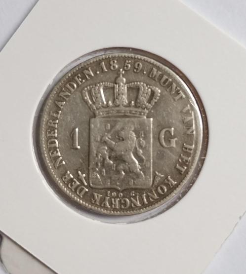Schaarse Zilveren Gulden uit 1859 - Willem III, Postzegels en Munten, Munten | Nederland, Losse munt, 1 gulden, Koning Willem III